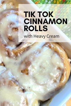 Cinnamon Rolls with Heavy Cream in baking dish with frosting Easy Home Made Cinnamon Rolls Recipes, Easy Bougie Cinnamon Rolls, Crazy Good Cinnamon Rolls, How To Make The Best Cinnamon Rolls, Cinammon Buns Recipe With Heavy Cream, Best Store Bought Cinnamon Rolls, Super Easy Cinnamon Rolls, Tick Tok Cinnamon Roll, Best Cinnamon Rolls Ever From Can