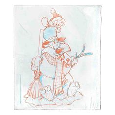 a drawing of a cartoon character holding a broom and wearing a hat with another character in the background