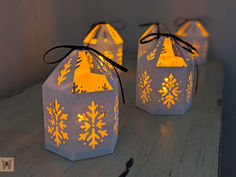 three snowflaked paper lanterns are sitting on a table