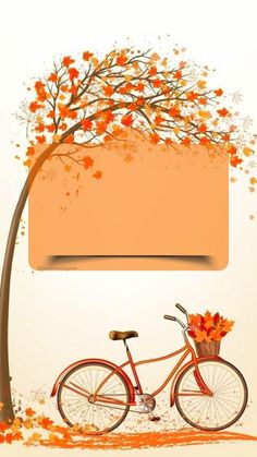 an orange bicycle is parked under a tree with autumn leaves on it's branches