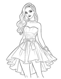 a girl in a short dress with long hair and high heels coloring pages for kids