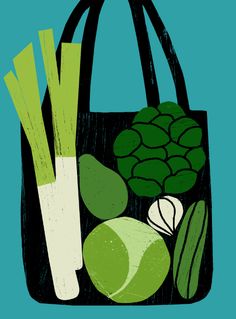 a black bag with green vegetables on the front and sides, including celery