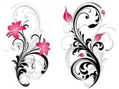 two tattoos with flowers and swirls on the sides, one is red and white