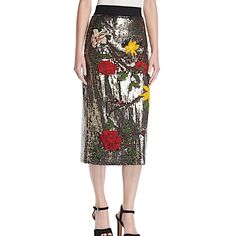 Hand-Applied Sequins, Stunning Embroidery And Pretty Florals Make This Pencil-Style Midi Skirt A Work Of Art. High Waist. Exposed Back Zipper. Embellishment Throughout. Fitted. Mid-Length. 91% Nylon, 9% Elastane. Length: 28'' From Waist. Fits True To Size, Take Your Normal Size. Model Is 5' 9.5'' Wearing A Us Size 2. Dry Clean Only.Est. Retail Price: $795.00 Straight Midi Skirt, Embellished Midi Skirt, Olivia Gold, Leather A Line Skirt, Godet Skirt, Pink Midi Skirt, Vegan Leather Skirt, White Midi Skirt, Lace Midi Skirt