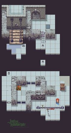 the floor plan for an old - fashioned video game, with two levels and different rooms