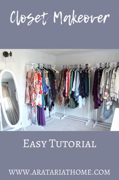 closet makeover with clothes hanging on the wall and an oval mirror next to it