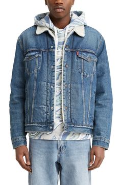 Plush faux-fur revs up the comfort of a trucker jacket made of perfectly faded cotton denim with a look that's been an iconic street staple since 1967. Style Name:Levis Faux Fur Lined Denim Trucker Jacket. Style Number: 6087734. Available in stores. Fur Outfit Men, 90s Grunge Fashion Men, Denim Pantone, Grunge Fashion Men, 90s Grunge Fashion, Trucker Jacket Men, Fur Outfit, Fleece Denim Jacket, Wardrobe Capsule