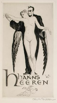 a black and white drawing of a naked man with wings on it's back