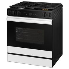 a black and white stove top oven with the door open on an isolated white background