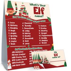 an elf christmas party game is shown on the front and back of a red card