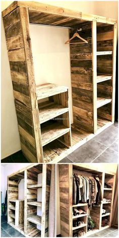 some shelves made out of pallet wood with clothes hanging on the top and bottom