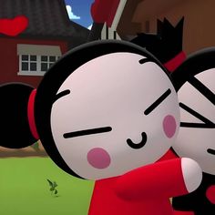 a cartoon character hugging another character in front of a house