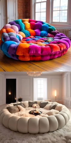 two different types of bean bag chairs in the same room, one is white and the other is multicolored