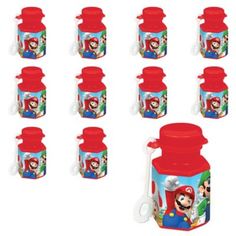 a bunch of red and blue bottles with mario bros on the top one is empty