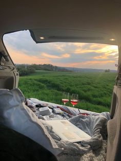 an open car door with two glasses of wine in the back seat and a blanket on the floor