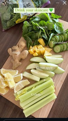 an image of vegetables on a cutting board with the words, drink your skin care