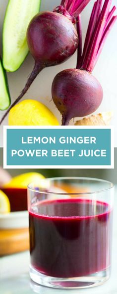 lemon ginger power beet juice in a glass next to sliced radishes and cucumbers