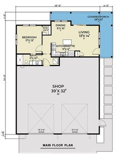 the floor plan for a small house with two bedroom and an attached garage area,