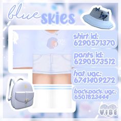 an advertisement for blue skies with pictures of clothes and shoes on it's side