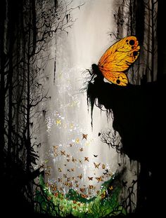 a painting of a butterfly flying over a forest