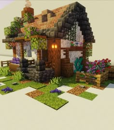 A small house in minecraft. The roof is made of copper steps, and there is a garden with flowers around Small House Builds Minecraft, Minecraft House With Copper Roof, Minecraft Small Cottagecore House, Minecraft Green Terracotta House, Mc Bee House, Minecraft Building Ideas Small House, Cool Small Minecraft Houses, Small Cottage Homes Minecraft, Minecraft Flower House Ideas