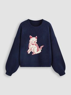 a navy sweater with a cat embroidered on it Winter Cat Print Crew Neck Sweater, Casual Cat Print Sweater For Winter, Casual Winter Sweater With Cat Print, Relaxed Fit Knit Sweater With Graphic Print, Knit Sweater With Graphic Print In Relaxed Fit, Winter Cotton Top With Cat Print, Winter Crew Neck Top With Cat Print, Winter Trendy Top With Cat Print, Long Sleeve Cat Print Top For Winter