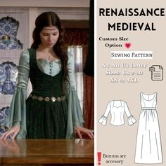 Renaissance Medieval Dress Sewing Pattern  in PDF format, offering various size options. Size options include US Sizes from 2 to 30 and Standard Sizes from XS to 4XL, suitable for A4, A0, and US Letter size papers. Upon payment processing, receive automatic download links for the pattern files. Note that this is a digital product, not a finished item; you will receive zip files comprising both patterns and sewing instructions. Don't hesitate to contact me with any questions or concerns! Happy Se Historic Dress Patterns, Fantasy Dress Patterns, Ren Faire Pattern, Renfaire Sewing Pattern, Medieval Dress Sewing Pattern, Medieval Dress Patterns, Medieval Sewing Patterns, Ren Faire Sewing Patterns Free, Victorian Sewing Patterns