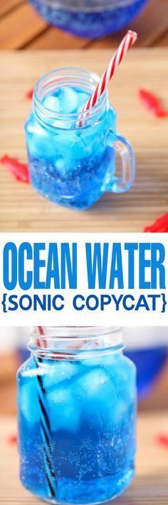 blue liquid in a glass jar with a straw and ice on the rim that says ocean water sonic copycat?