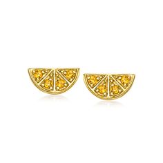 Ross-Simons - .20 ct. t. w. Citrine Orange Slice Stud Earrings in 14kt Yellow Gold. RS Pure. Modern designs that complete your outfit and complement your personality. Sweet and citrusy, our dainty orange slice earrings are the perfect treat for your summer wardrobe and beyond! These simple studs sparkle with .20 ct. t. w. round citrines in polished 14kt yellow gold. Post/clutch, citrine orange slice stud earrings. Citrine birthstones are the perfect gift for November birthdays. Fine Jewelry Citrine In Gold, Round Citrine Jewelry Gift, Orange Citrine Round Jewelry, Luxury Citrine Round Earrings, Simple Studs, Citrine Birthstone, Citrine Earrings Studs, Orange Slice, Citrine Jewelry