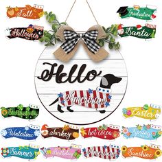 a wooden sign that says hello america with some bows hanging from it's side