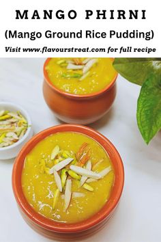 two bowls of mango rice pudding with garnishes on the side and text overlay