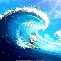 snoopy riding the waves on his surfboard with words above it that reads,'snoop