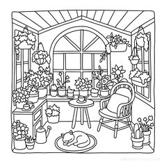 a black and white drawing of a room with potted plants