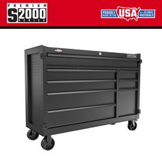 a black tool box with wheels on the front and back side, in an advertisement