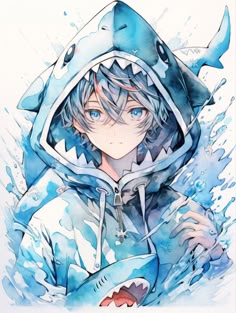 a drawing of a person wearing a hoodie with a shark on it