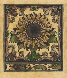 a drawing of a sunflower with green leaves and swirls on the bottom corner