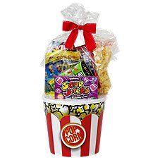 a popcorn bucket filled with candy and candies