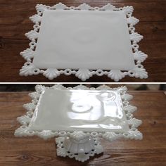 two pictures of the same white tray on top of a wooden table, one with an ornate design