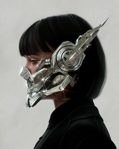 a woman wearing a sci - fi mask with metal parts on her face and neck