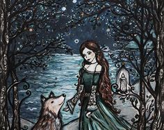 a painting of a woman and her dog walking in the woods by the water at night