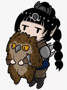 an image of a cartoon character with long hair and big eyes holding a large owl