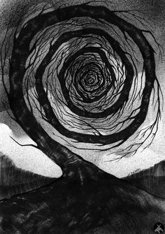 a black and white drawing of a tree in the middle of a field with an abstract swirl