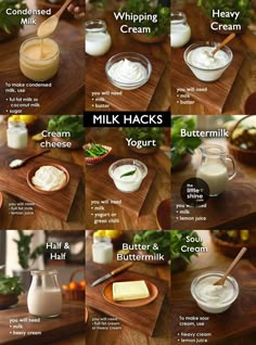 milks and creams are shown on a wooden table with the words milk hacks written