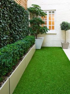 an outdoor garden with artificial grass and potted plants on the side of the building