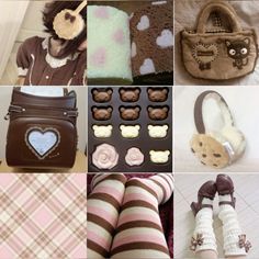 there are many different pictures that include teddy bears and purses, shoes, handbags