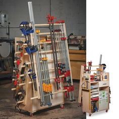 two images side by side one shows a work bench and the other shows a tool rack