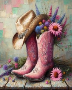 a painting of cowboy boots and flowers on a table