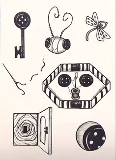 an ink drawing of various objects in black and white, including a key to the door