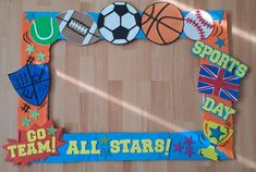 a photo frame made out of paper with sports themed items on it and the words go team all stars