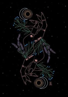 the zodiac sign is depicted on a black background with blue and green flowers in it